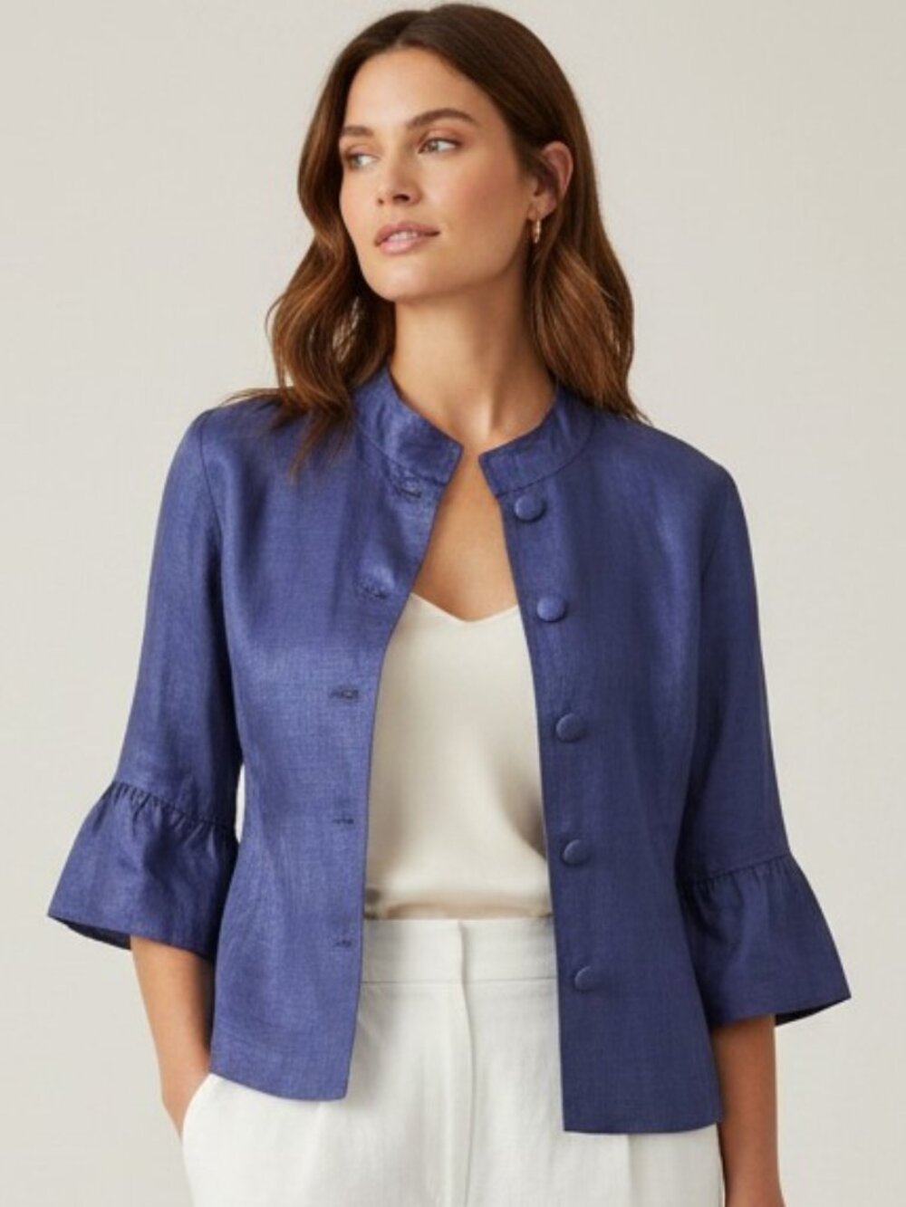 Chicos Mock Neck Linen Blend Button Lightweight Lined Jacket Blue Sheen Size 0